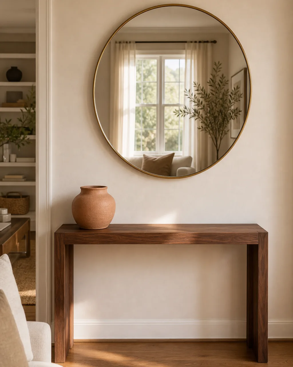 A direct front view of a large round brushed brass mirror hung centered above a warm walnut console table against a warm-white wall in a sunlit living room the mirror reflecting a warm sunlit window from the opposite wall