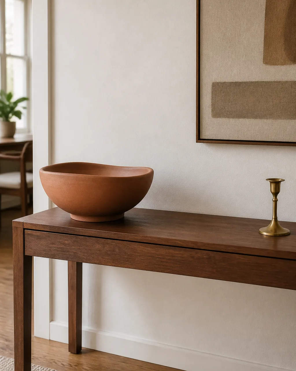 A medium close view of one large low sculptural matte-clay bowl with soft organic curves sitting alone on the left end of a warm walnut console table against a warm-white wall the bowl visibly larger and heavier than any other object so it anchors that end