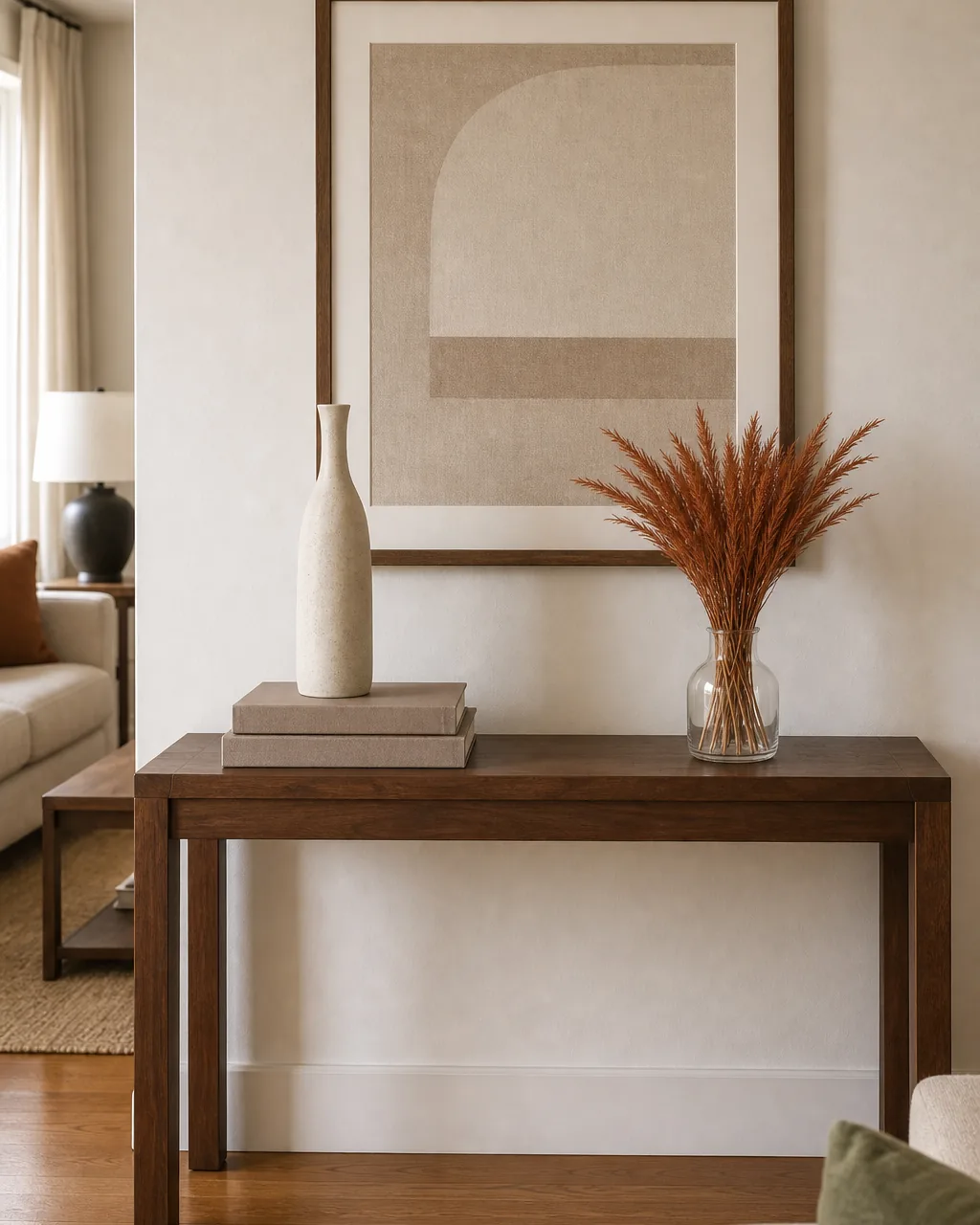 A direct front view of a warm walnut console table against a warm-white wall styled with two evergreen objects on the left a tall slim cream ceramic vase and a stack of blank-cover books and exactly one obviously seasonal object on the right a small clear glass vase holding fresh muted rust dried wheat stems