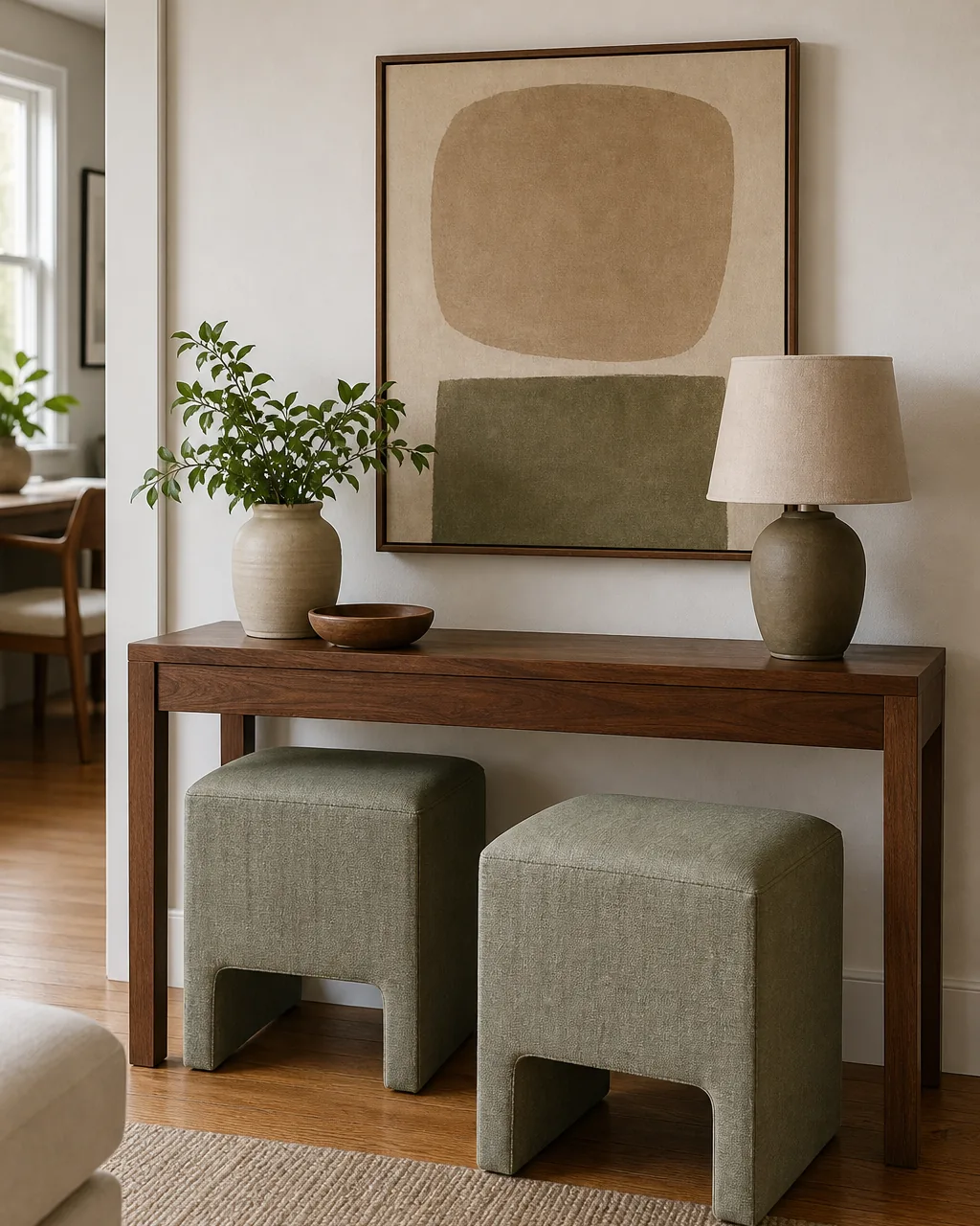 A direct front view of a slim warm walnut console table against a warm-white wall with two small matching upholstered stools in soft sage linen tucked completely under the console one stool partly pulled forward to show how easily it slides out