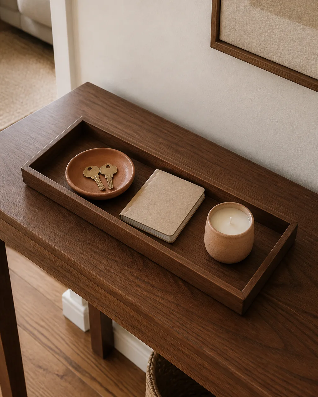 A slight overhead view of a long warm walnut rectangular tray sitting centered on a warm oak console table top the tray holding a small clay dish with two unbranded brass keys a small folded blank-cover notebook and a short clay candle with no label