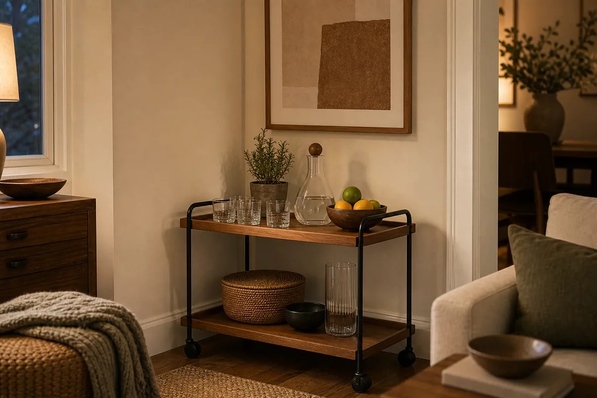 A slim two-tier wood and black rolling cart parked in a living room corner holding plain glass tumblers, a decanter, a bowl of citrus, and a small potted herb