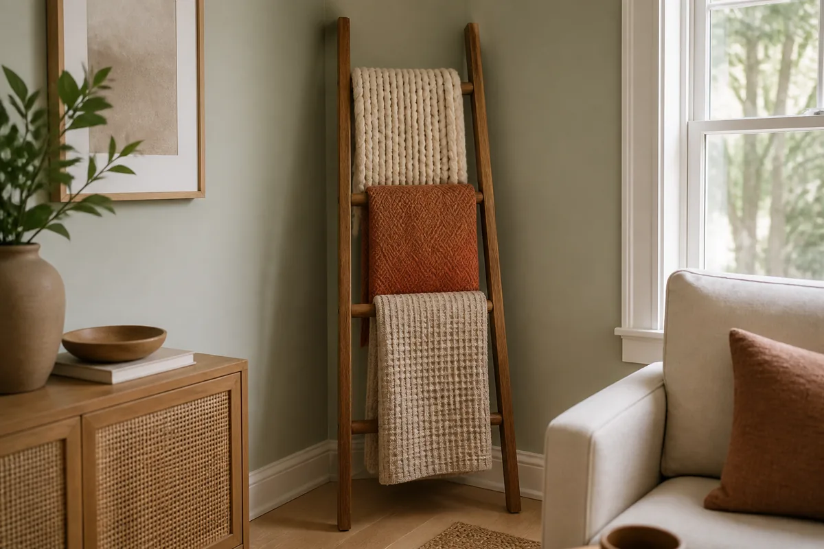 A wooden blanket ladder leaning into a living room corner with three throws draped over its rungs in cream knit, rust herringbone, and oat waffle