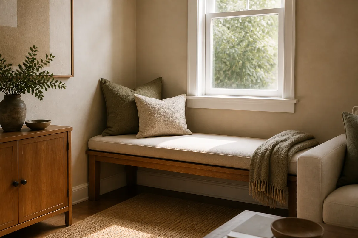 A low wooden bench tucked into a living room corner under a window, topped with a long seat cushion, two textured throw pillows, and a folded wool throw