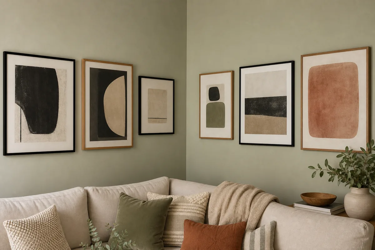 A gallery of framed abstract prints wrapping around a living room corner, with frames continuing from one wall onto the adjacent wall above the sofa back