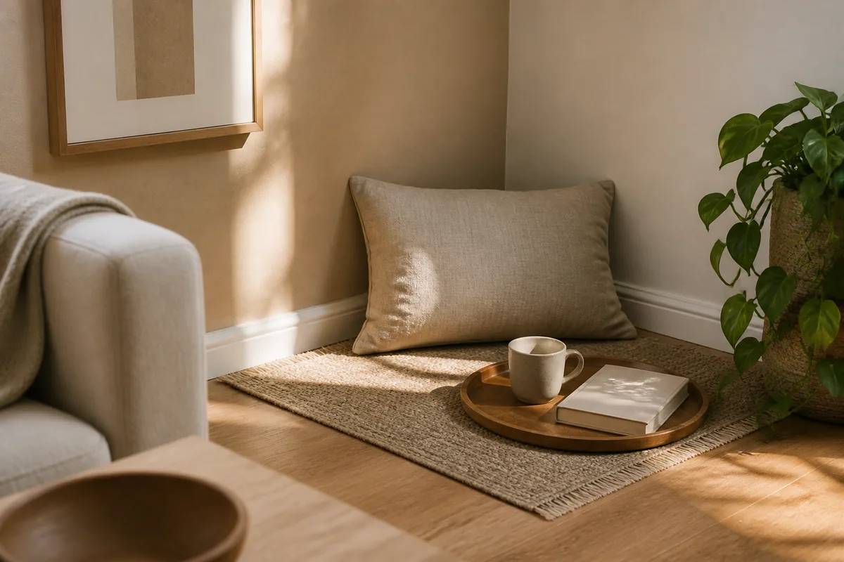 A casual living room corner lounge with a small flat-weave rug, an oversized linen floor cushion against the wall, and a low wooden tray holding a mug and a book