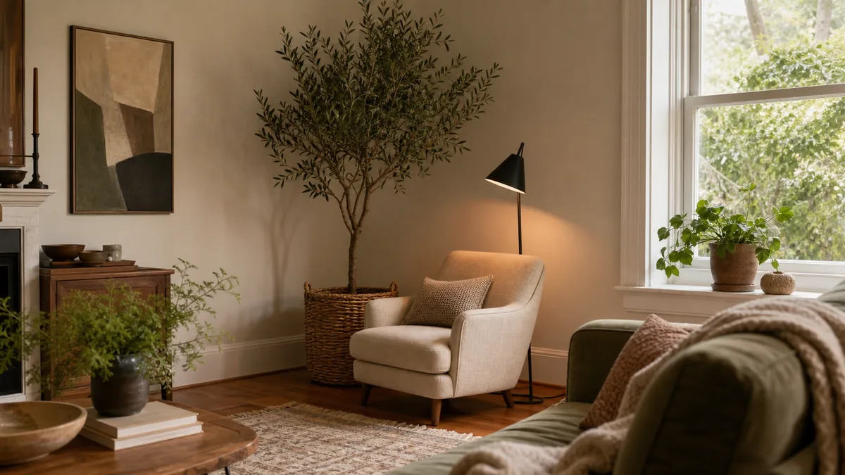 A warm living room where the far corner is styled with a tall olive tree in a woven basket, a slim black floor lamp, and a cream armchair angled out of the corner