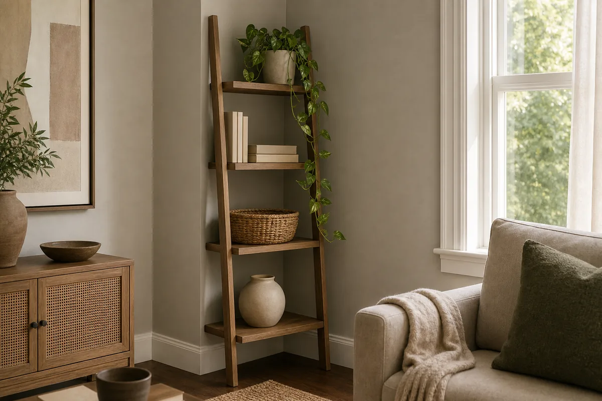A tall narrow wooden ladder shelf in a living room corner styled with a trailing pothos, a small stack of books, a woven basket, and a ceramic vase