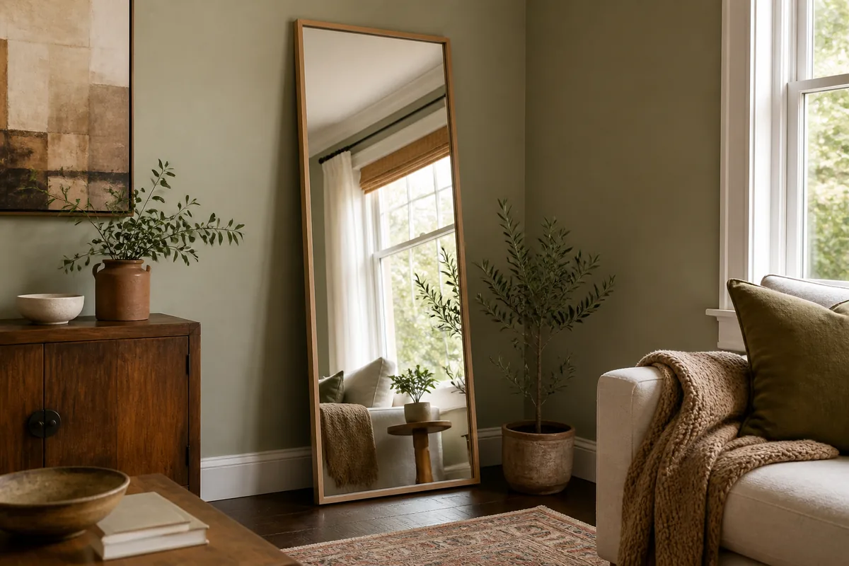 A full-length rectangular mirror in a thin wood frame leaning against a sage living room corner wall, reflecting the bright window from across the room