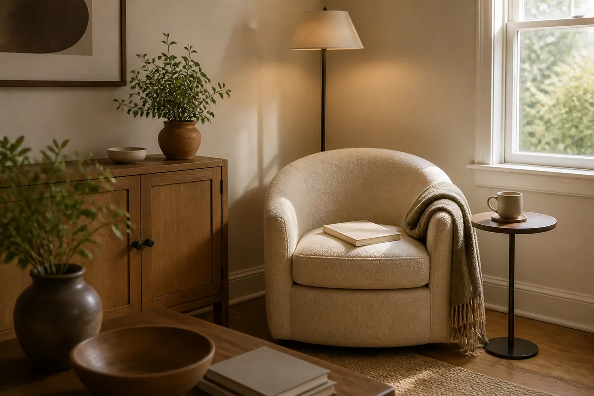 A small oat-colored barrel chair angled out of a living room corner beside a slim round side table with a ceramic mug, a book lying face-down on the seat