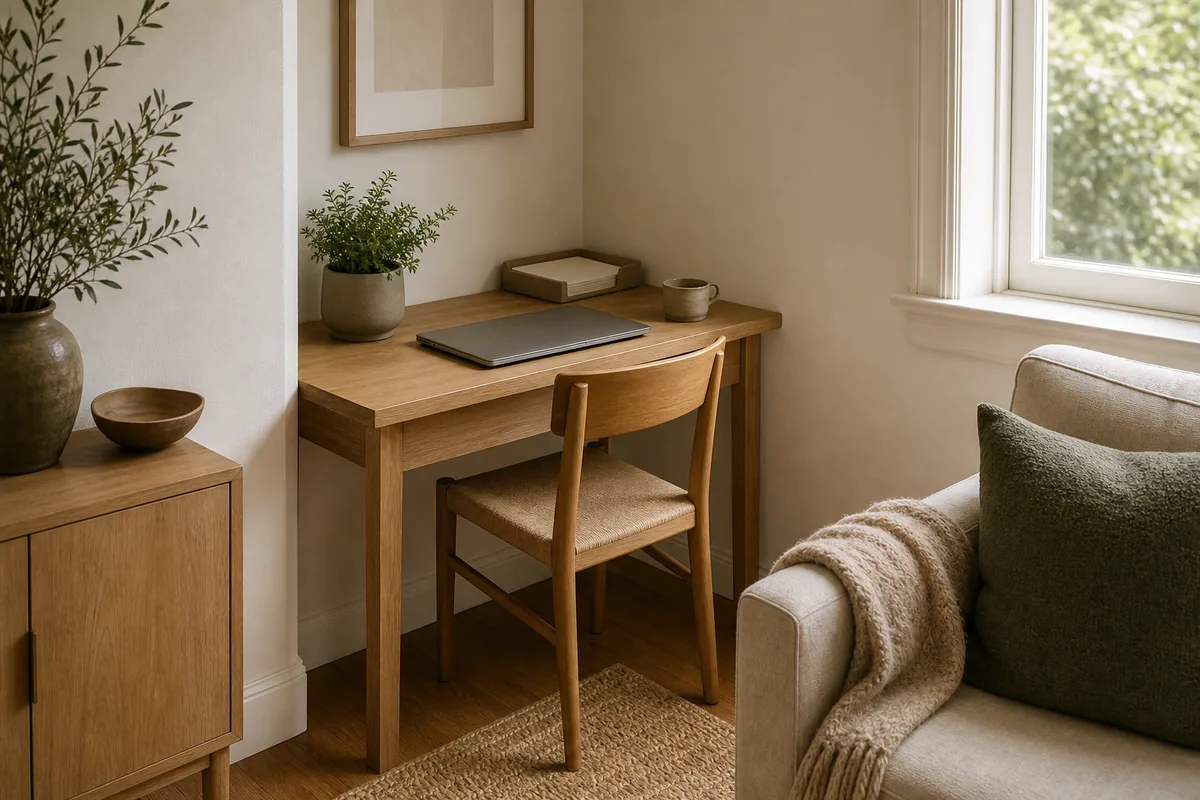 A narrow light-wood desk fitted into a living room corner with a simple wooden chair tucked under, a closed laptop, a potted plant, and a ceramic cup on top