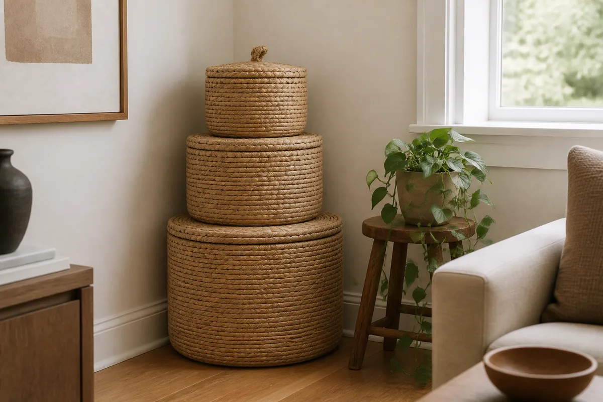 Three lidded woven baskets in graduated sizes stacked into a tower in a living room corner beside a small trailing plant on a stool