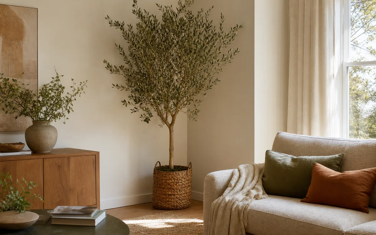 A tall olive tree in a chunky natural woven basket standing in a living room corner, its branches reaching toward the ceiling where the two walls meet