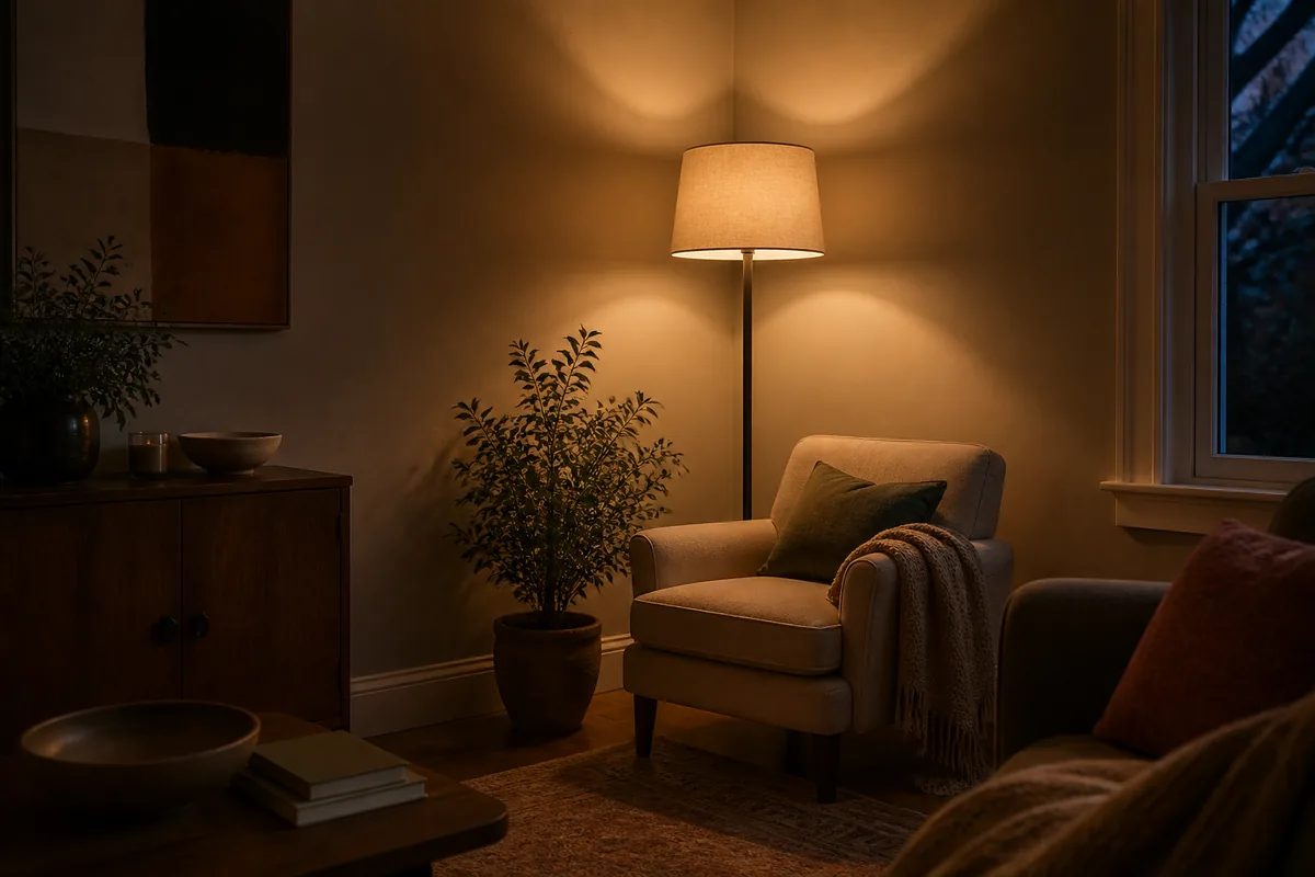 A living room corner at dusk lit by one slim matte-black floor lamp with a linen shade, its warm light washing both walls and a nearby chair arm