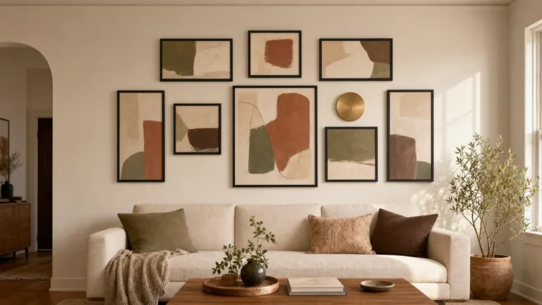 A living room wall above a cream sofa filled with a curated gallery of varied frames in matching brass finish, arranged around one larger central piece with consistent 2-3 inch gaps, warm afternoon light on warm-white plaster