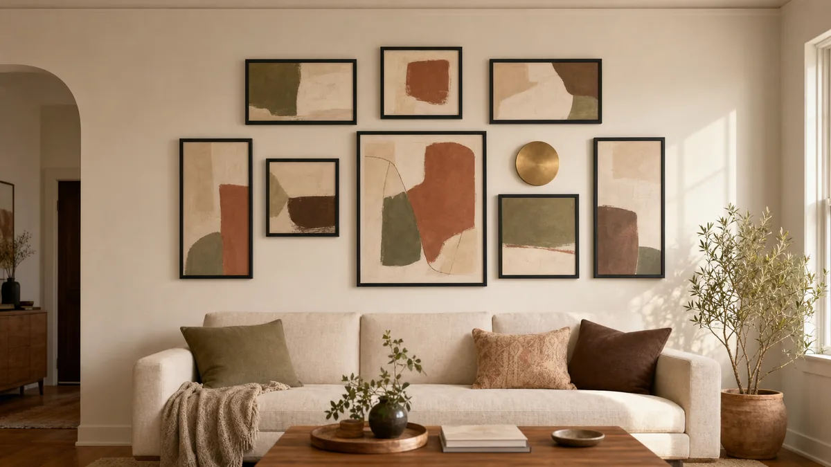 A living room wall above a cream sofa filled with a curated gallery of varied frames in matching brass finish, arranged around one larger central piece with consistent 2-3 inch gaps, warm afternoon light on warm-white plaster