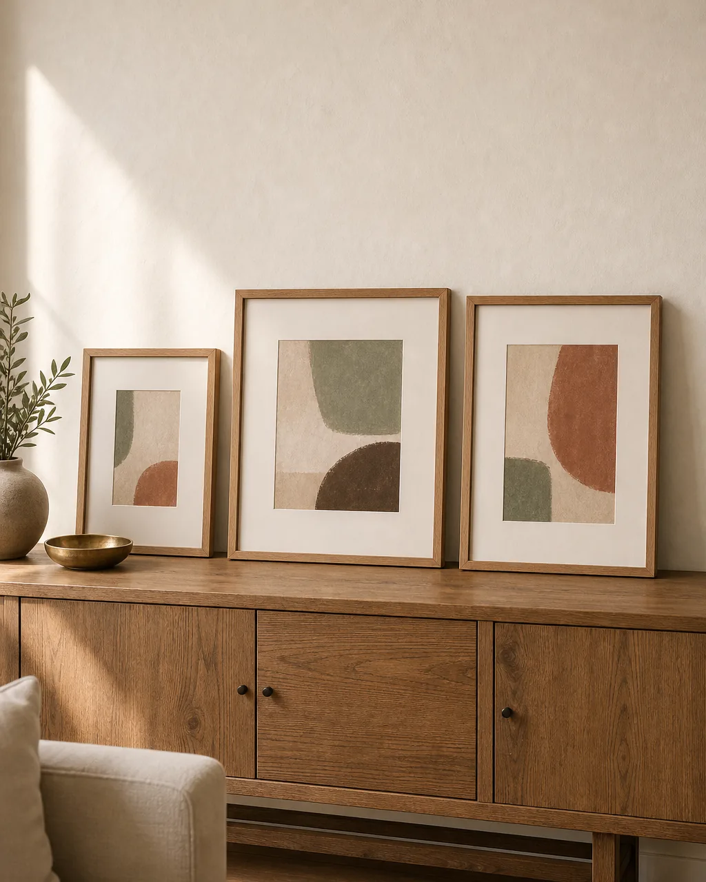 A photo for idea 7: unify mismatched art sizes with same-width mat boards