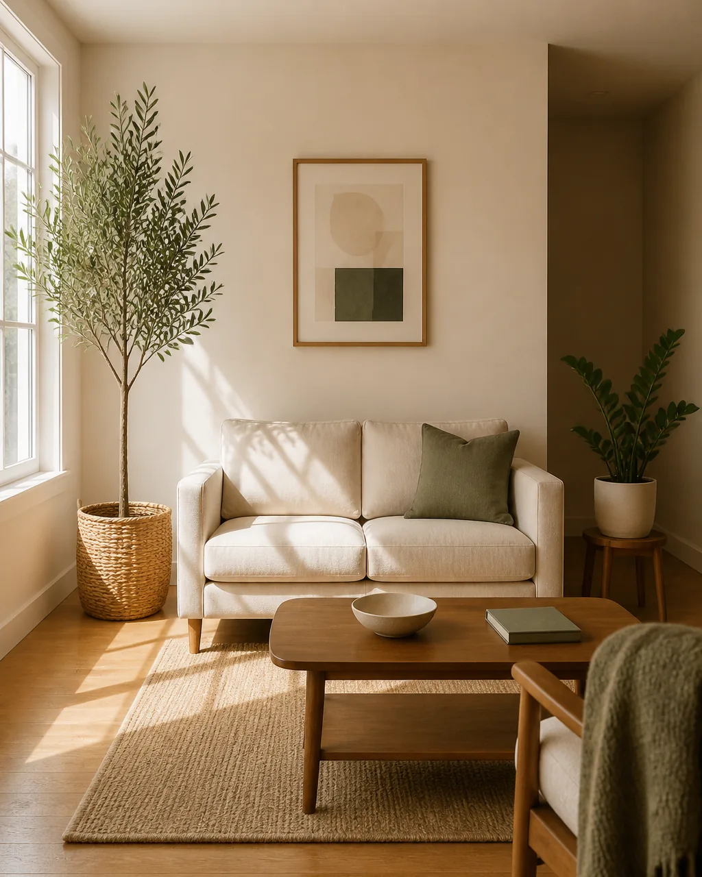A direct front view of a warm US living room with TWO clearly different LIGHT ZONES visible side by side on the LEFT side a bright window pours strong natural daylight onto a tall ~5ft olive tree in a warm-terracotta pot positioned right in the sun on the RIGHT side a deeper dimmer corner of the room away from the window holds a low-light tolerant zz plant in a matte cream pot