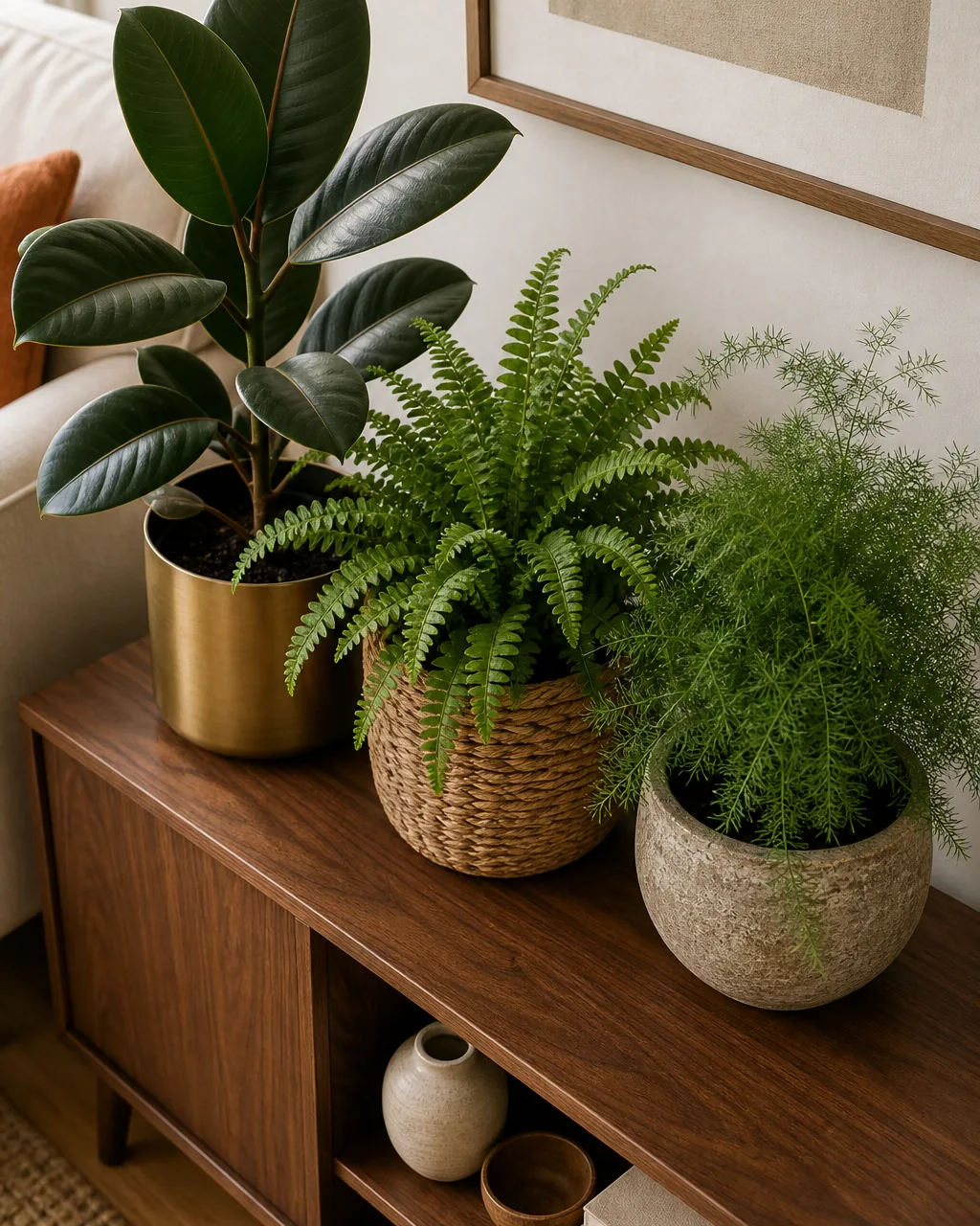 A close-medium overhead-angle vignette of THREE plants chosen for clearly different leaf shapes side by side on a warm-walnut console a broad-leaf rubber plant with large oval leaves in a matte cream pot a feathery boston fern with delicate pinnate fronds in a woven seagrass basket and a fine-leaf rosemary or asparagus fern with needle-thin foliage in a small terracotta pot