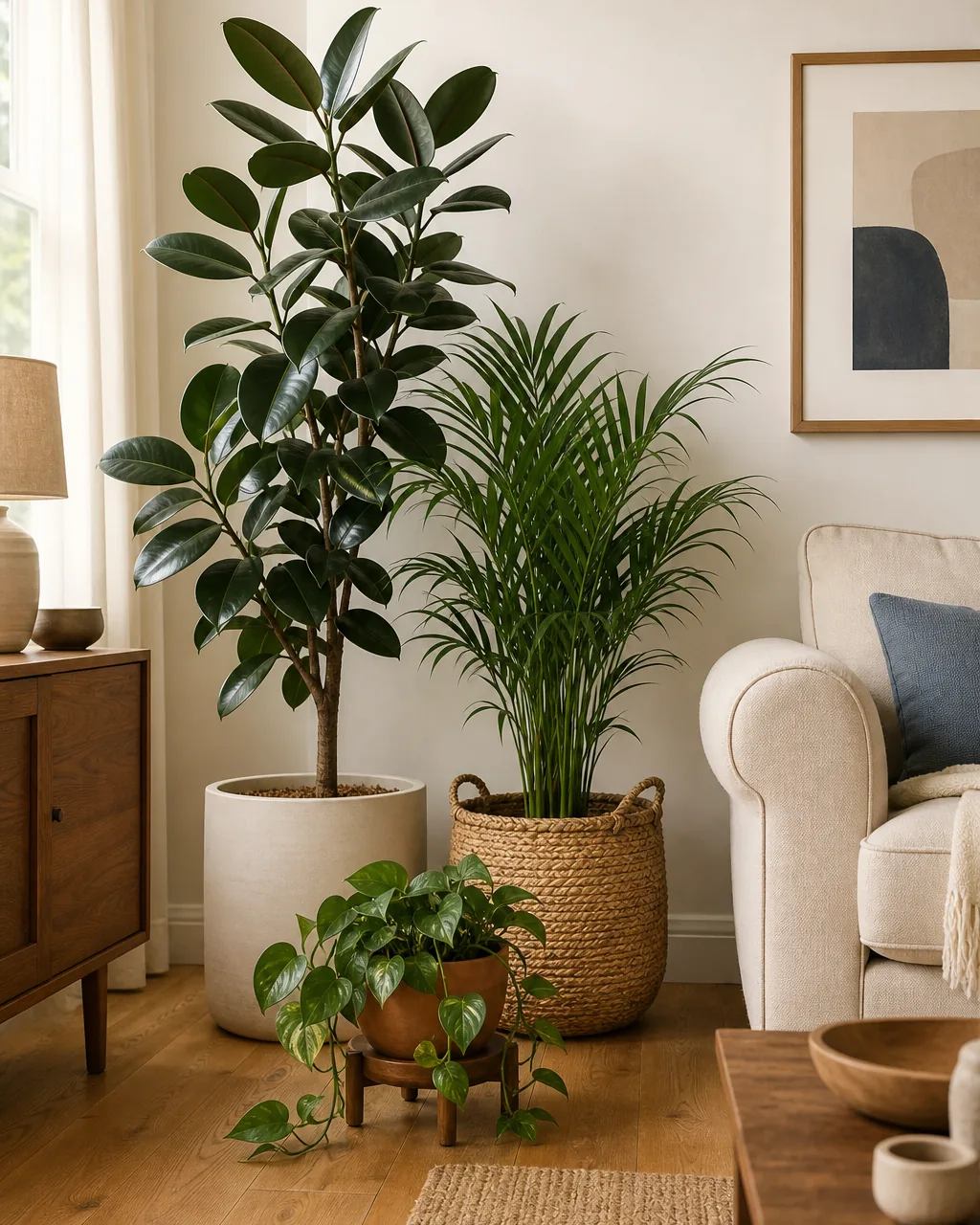 A medium-distance front view of THREE plants of clearly different heights clustered together on the warm-oak floor next to a cream linen sofa a tall ~5ft rubber plant in a matte cream ceramic pot a mid-height ~2ft parlor palm in a woven seagrass basket and a low trailing pothos in a small warm-terracotta pot on a tiny warm-walnut riser