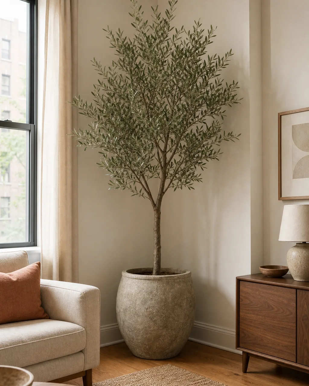 A direct front view of a previously empty corner of a warm US apartment living room now anchored by ONE single oversized ~6ft olive tree in a large warm-terracotta floor pot no other plants in the frame the corner geometry of two warm-white walls obvious cream linen armchair partially visible warm oak floor soft daylight
