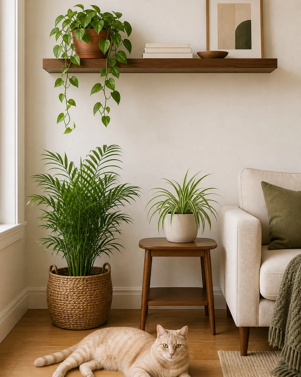 A direct front view of a warm US living room showing TWO clearly labeled-by-position plant zones on the LOW level a warm-oak floor and low side table within easy reach of a calm cream tabby cat visibly lying on the warm oak floor at the bottom of the frame sit two clearly PET-SAFE plants — a parlor palm in a woven seagrass basket on the floor and a small spider plant in a matte cream pot on the low side table — on the HIGH level a tall warm-walnut floating shelf well above the cat sits one pothos in a warm-terracotta pot trailing safely out of reach