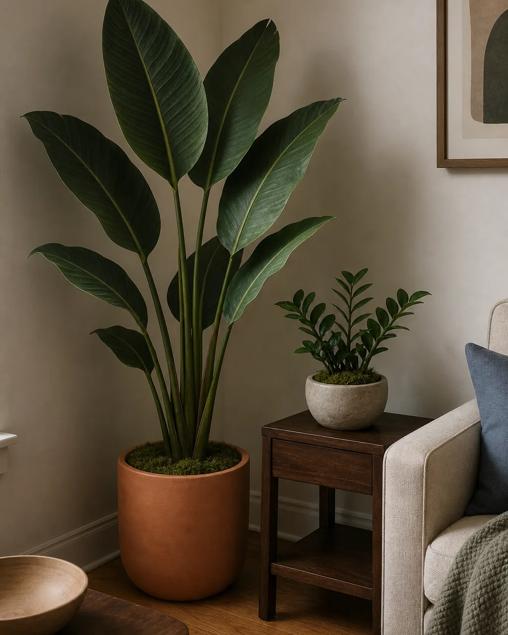 A direct front view of a deep dim NORTH-FACING corner of a warm US living room with very low natural light holding ONE high-quality FAUX bird-of-paradise plant in a warm-terracotta floor pot — the visible quality cues that make it acceptable natural-fiber realistic leaves with subtle color variation and visible real soil with a top dressing of real moss covering the pot rim no glossy plastic stems and no obvious fake-leaf shine