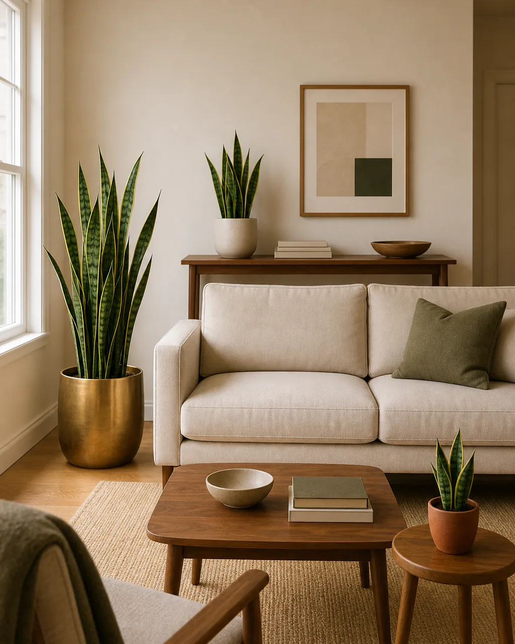 A wide-angle direct front view of a warm US apartment living room showing the SAME plant species — a snake plant sansevieria — REPEATED THREE times across the room at different sizes and positions ONE large ~3ft snake plant on the floor by the sofa ONE medium ~18in snake plant in a warm-terracotta pot on the warm-walnut console table on the back wall and ONE small ~10in snake plant on the side table