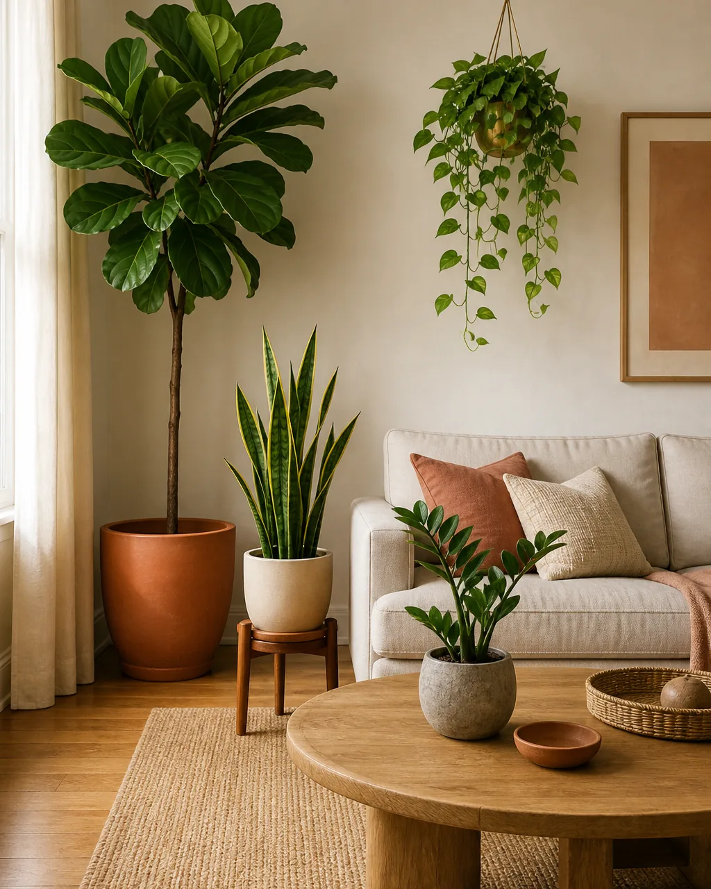 A wide-angle direct front view of a warm calm US apartment living room showing a clear four-tier plant scale ladder with a tall ~6ft statement fiddle-leaf fig in a warm-terracotta floor pot a mid-height ~3ft snake plant on a low warm-walnut stand a small sculptural zz plant on the coffee table and one trailing pothos cascading from a brushed-brass hanging hook near the ceiling