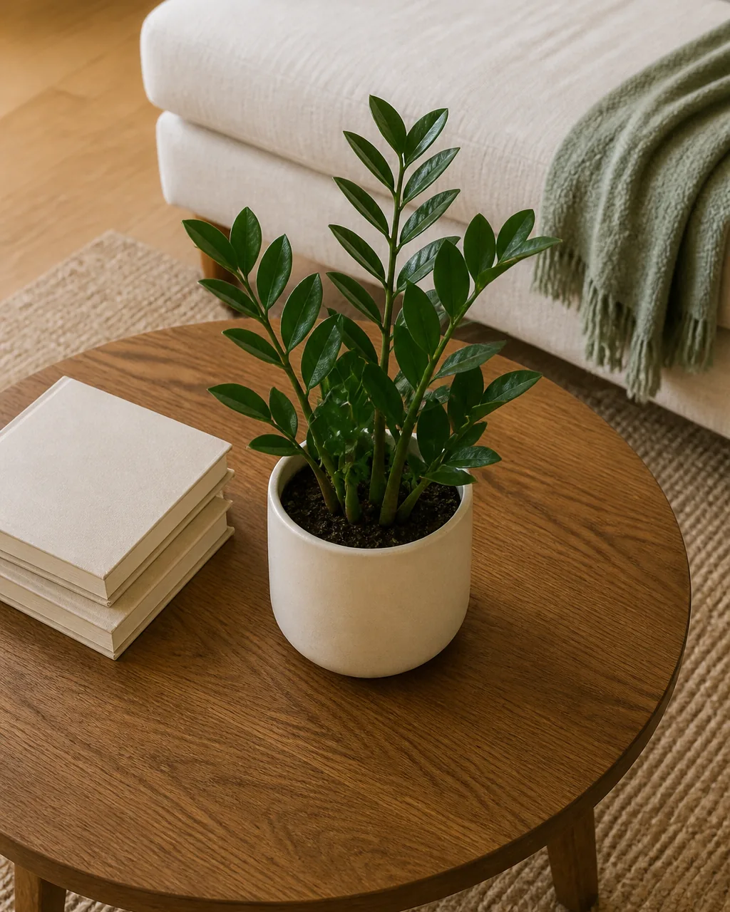 A slight overhead-angle view of a round warm-oak coffee table in front of a cream linen sofa with ONE single sculptural small zz plant in a matte cream ceramic pot placed at the center of the table NO vase of cut flowers and NO other plants competing a folded muted-sage throw on the sofa edge a stack of plain blank-cover books on one side of the table balancing the plant