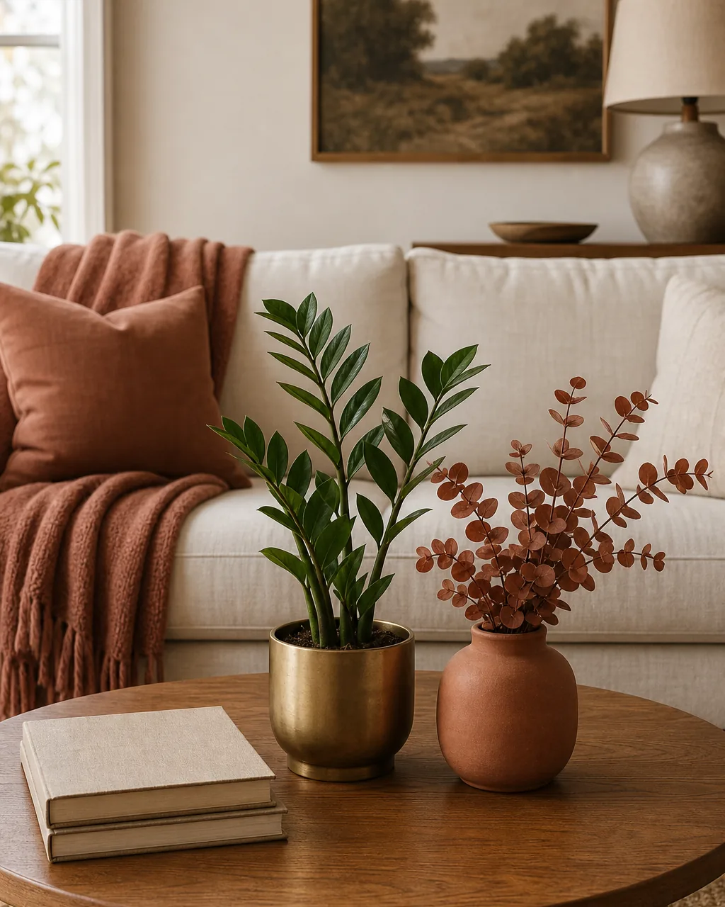 A direct front view of a warm US living room coffee table styled for autumn winter the year-round base remains the same — a sculptural zz plant in a matte cream pot at the center of the warm-oak coffee table — but ONE single seasonal element has been swapped in a small bundle of dried muted-rust eucalyptus branches in a warm-terracotta short vase placed next to the zz plant the visible seasonal swap obviously the only change while the zz plant base stays the same
