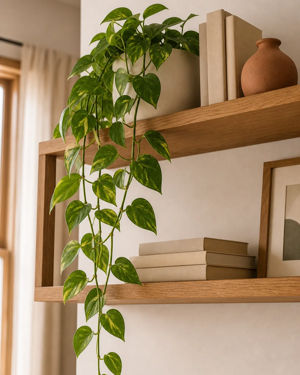 A slight low-angle view looking up at a warm-oak open wall shelf in a calm warm US living room with ONE long lush trailing pothos cascading from the top shelf draping down over the visible front edge of the shelf and falling about 18 inches below the soft drape of the trailing leaves visibly softening the hard straight horizontal line of the shelf edge