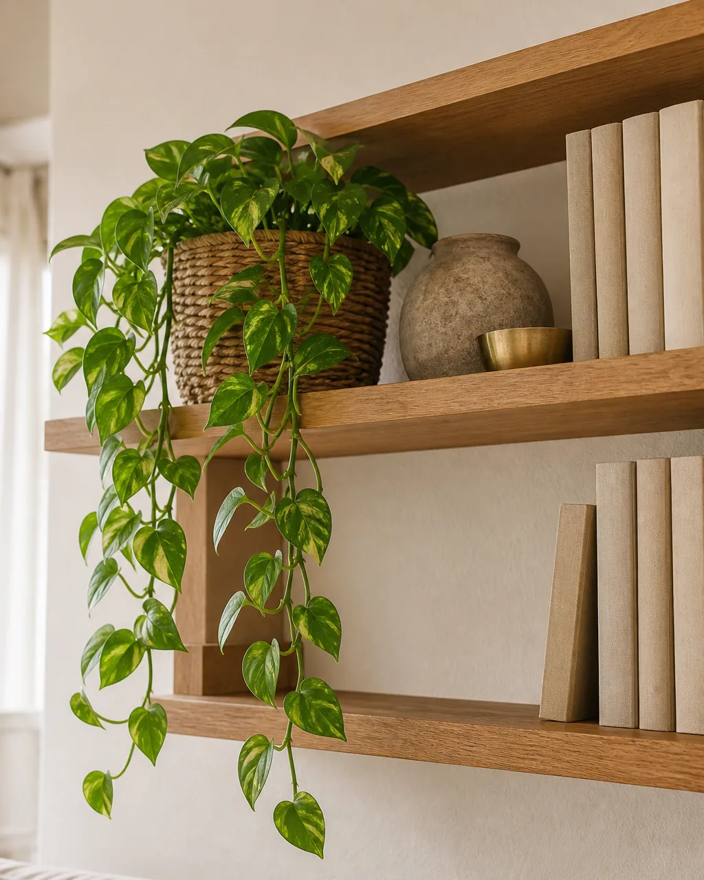 A direct front view of a warm-walnut floating shelf with FOUR different plants of varied species a small sansevieria a trailing string-of-pearls a small zz plant and a parlor palm cutting all planted in pots from ONE unified material family — all FOUR pots are matte warm-terracotta of different sizes and shapes no plastic nursery pots visible