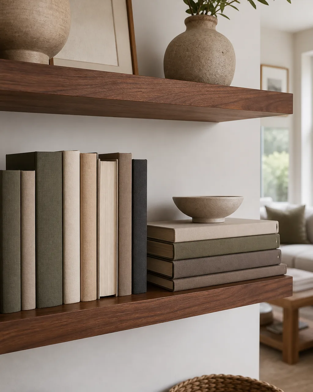 Two mid-walnut floating living room shelves with books used as the base, some hardcovers standing upright and others laid flat in a short stack with a ceramic bowl set on top like a pedestal