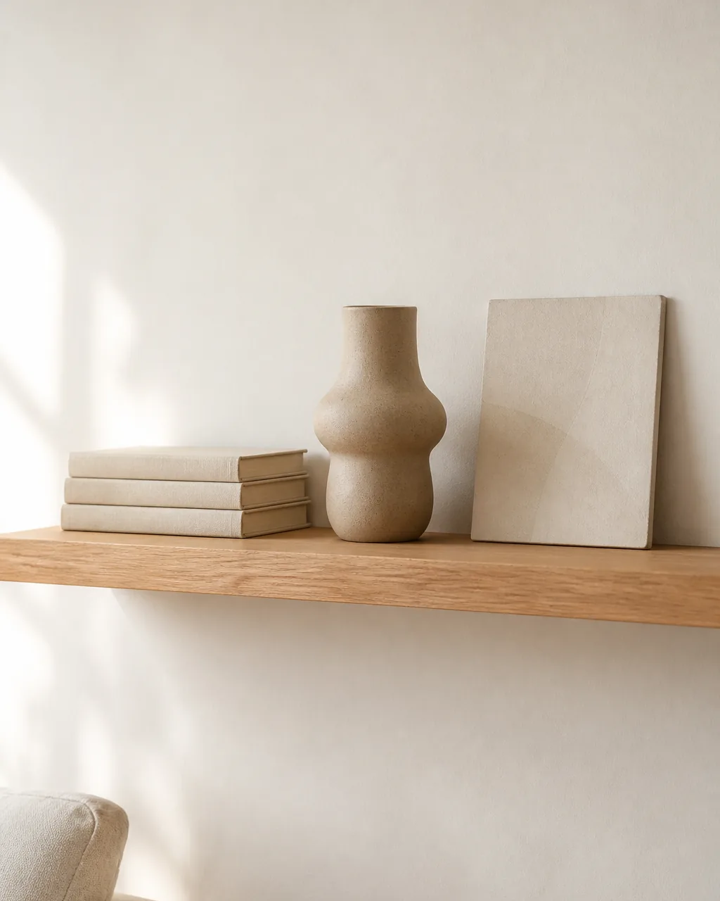 A single floating oak living room shelf styled sparingly with just a short stack of books, one sculptural ceramic vase, and a small leaning panel, with plenty of clean empty shelf around them