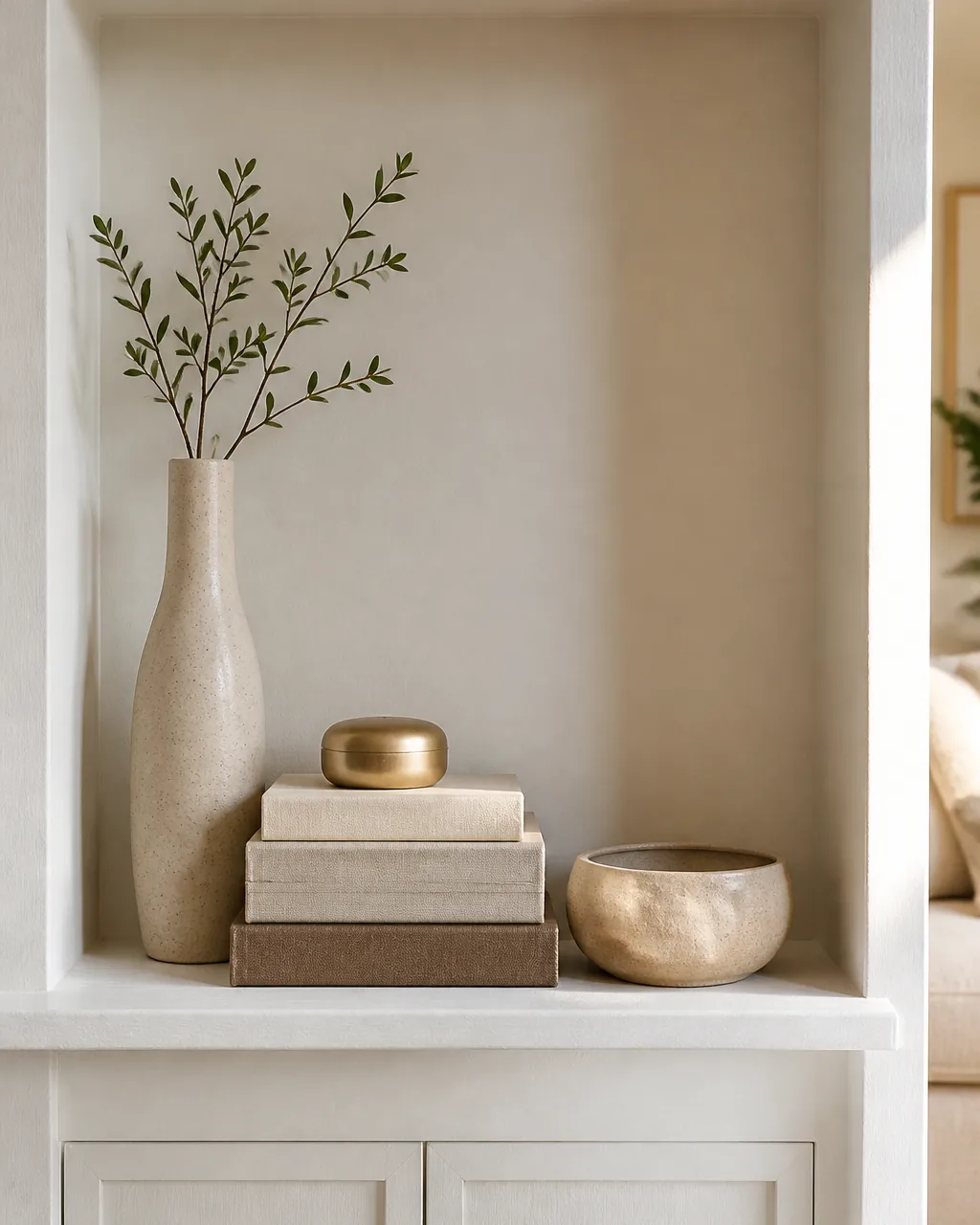 A white alcove shelf styled with a group of three objects at staggered heights, a tall slim vase, a flat stack of books topped with a small object, and a low ceramic bowl clustered to one side