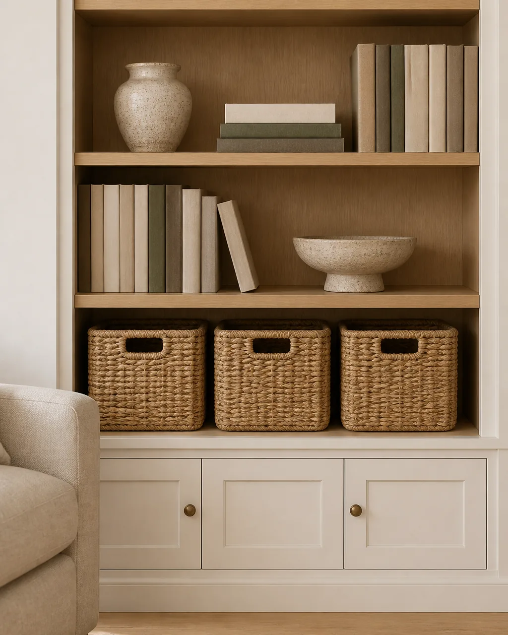The lower shelves of a warm-white living room built-in fitted with matching woven seagrass baskets to hide clutter, with styled blank-spine books and a ceramic object on the shelf above