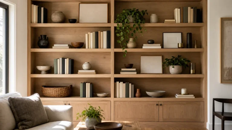 A warm-oak built-in living room shelving wall styled with blank-spine books in stacks and uprights, ceramic vases, a leaning art panel, a woven basket, and a trailing plant, calm and full but not crowded