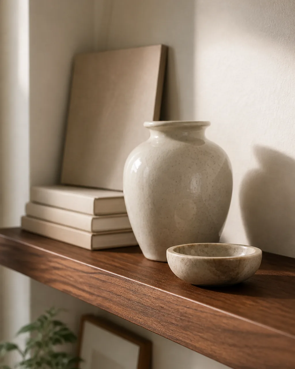 A floating walnut shelf composed for depth, a flat book stack and leaned panel pushed to the back, a ceramic vase mid-shelf, and one small object pulled forward to the front edge