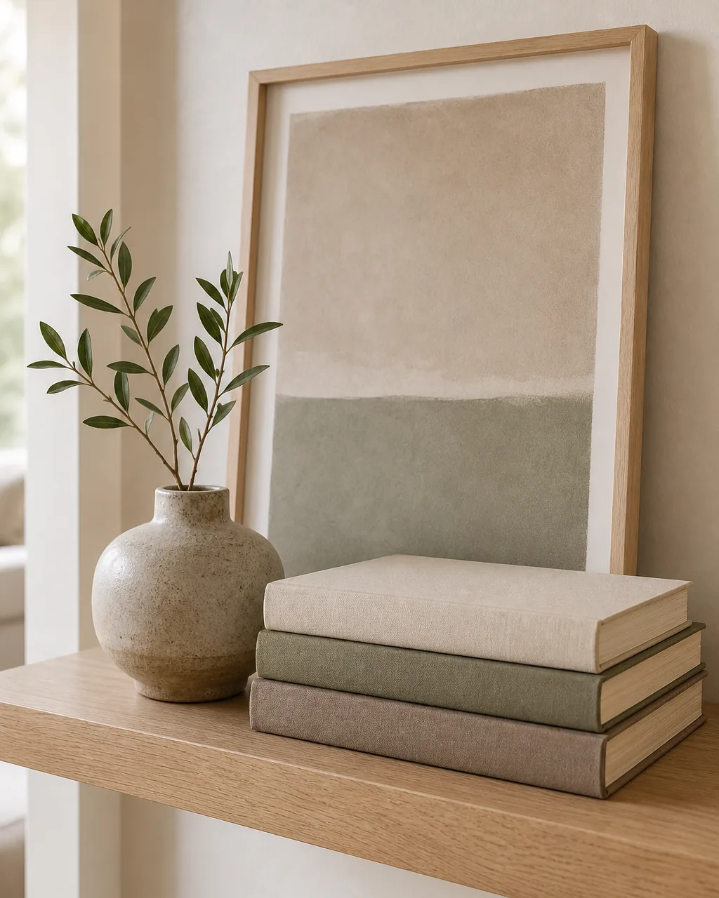 A light-oak floating shelf with a small blank framed art panel leaned against the wall at the back and a ceramic vase and short book stack layered in front of it for depth