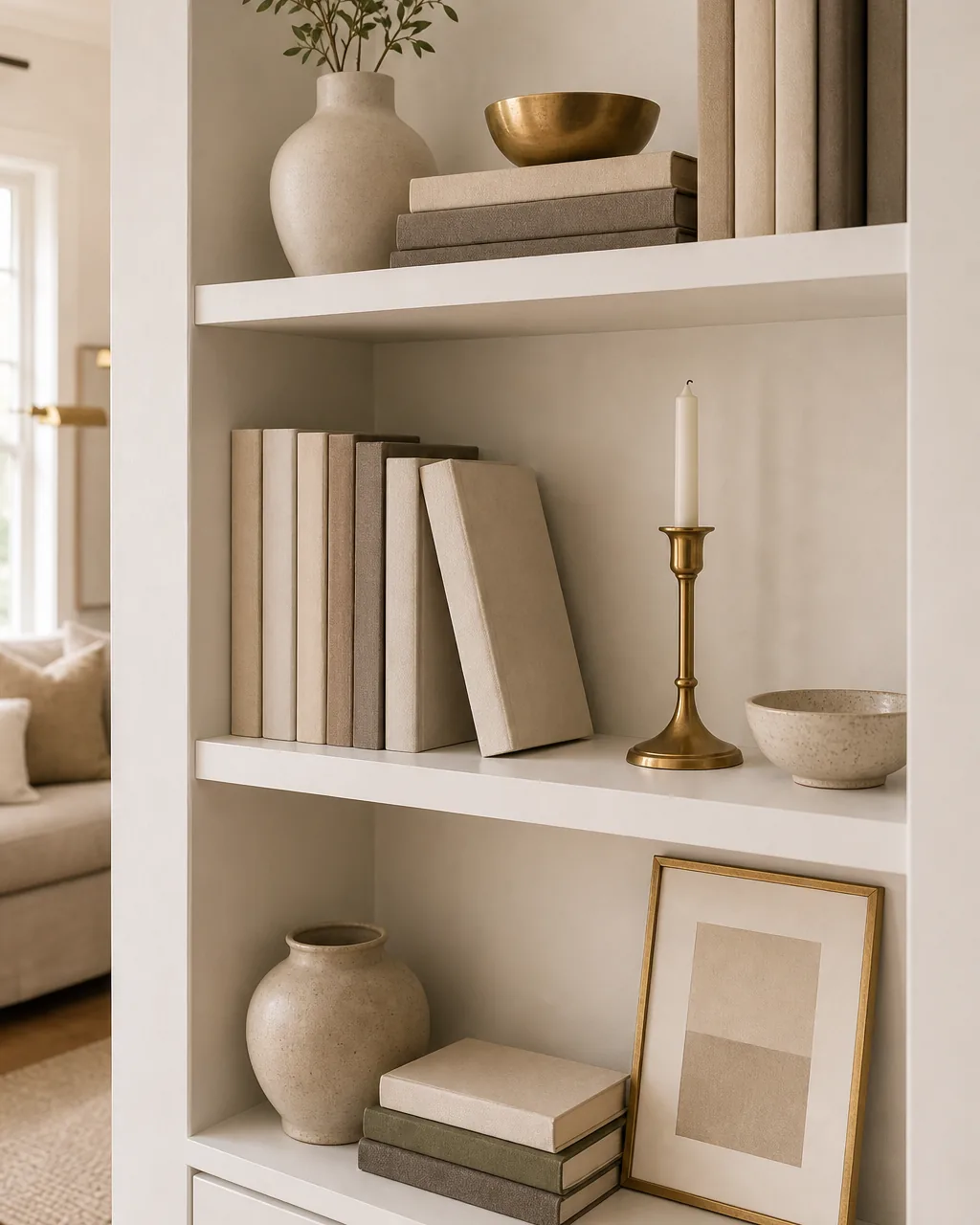 Two white-painted living room shelves with warm brass echoed top to bottom, a brass bowl, a brass candlestick, and a thin brass frame tying the arrangement together against neutral books and cream ceramics