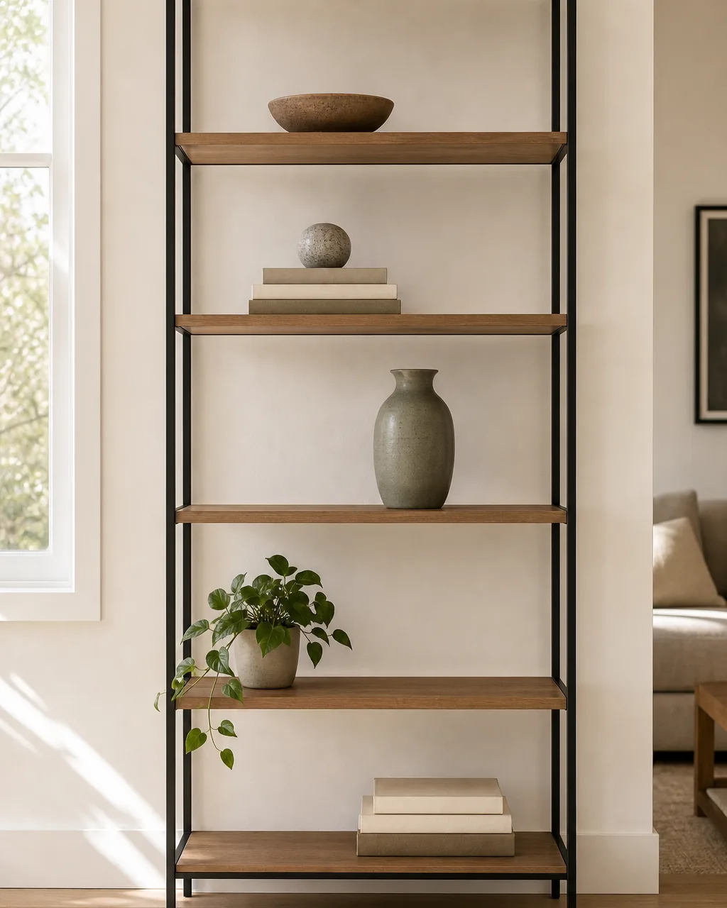 A soft-black metal and wood open etagere styled sparingly, each shelf holding just one or two objects with large stretches of empty shelf and wall left open and airy