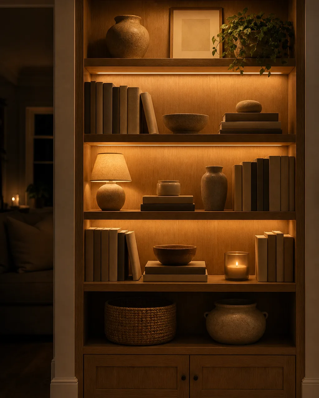 A warm-oak built-in shelving unit glowing at night, lit by a slim picture light above, soft puck lights under the shelves, and a small low lamp on a styled shelf of books and ceramics