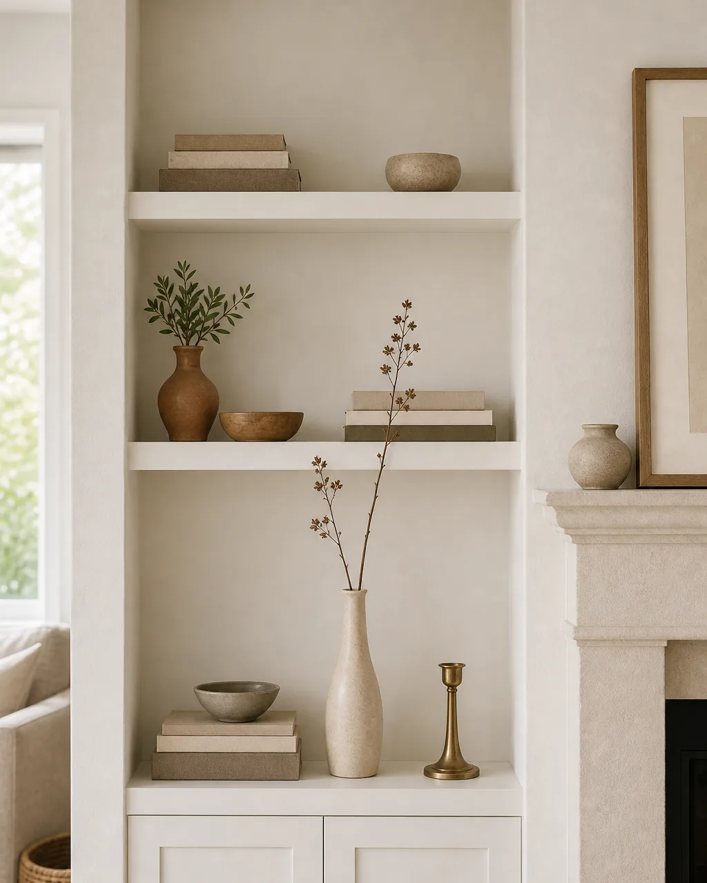 A white alcove shelf beside a fireplace with one tall slim ceramic vase rising well above the low books and bowl around it, breaking the flat horizontal shelf line