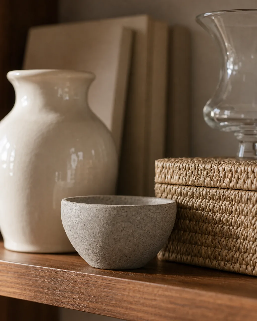 A close living room shelf vignette mixing textures in a neutral palette, a glossy cream ceramic vase beside a matte grey stone bowl, a woven rattan box, and a clear glass object