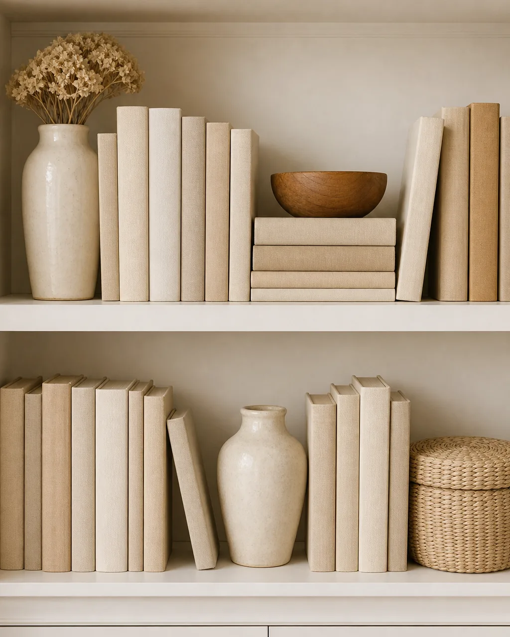 Two white-painted living room shelves styled in a tight cream, oat, and warm wood palette, densely but calmly filled so the fuller shelf still reads high-end and serene