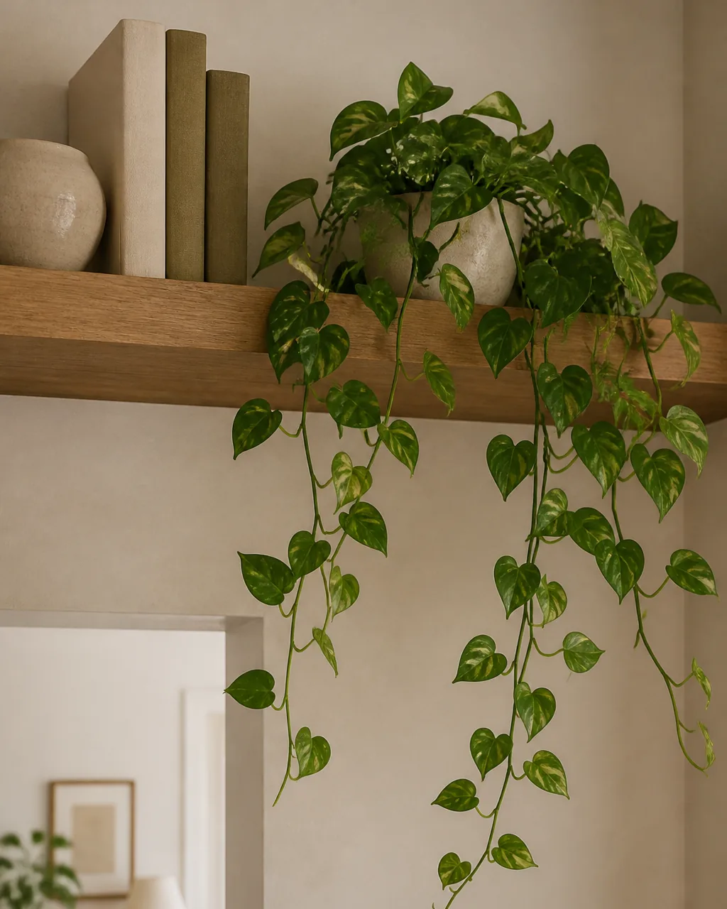 A high floating living room shelf with a trailing pothos plant spilling its vines down over the shelf edge to soften the hard right angles, beside a couple of books and a ceramic pot