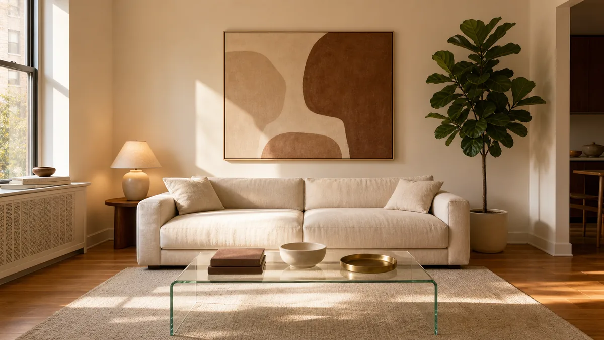 A calm, minimalist living room in warm afternoon light — one low-slung linen sofa anchored against a warm white wall, one large piece of art at eye level, a clear floating coffee table with three objects on it, warm oak floor and one large fiddle leaf plant in the corner, no clutter visible