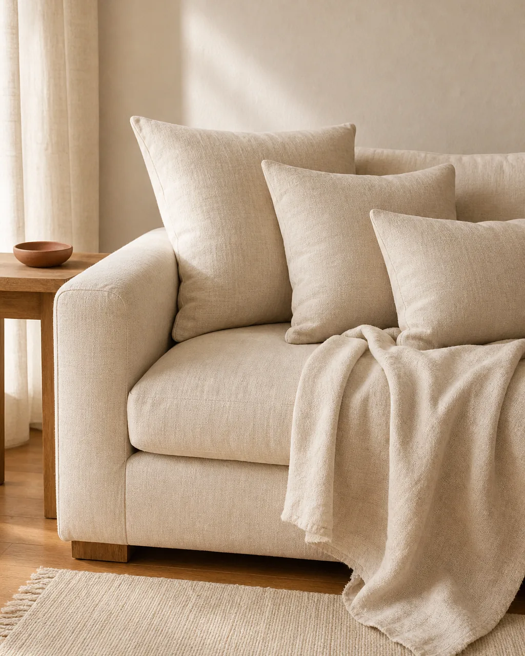 A photo for idea 7: pick one soft-good texture and repeat it across cushions, throw, and rug