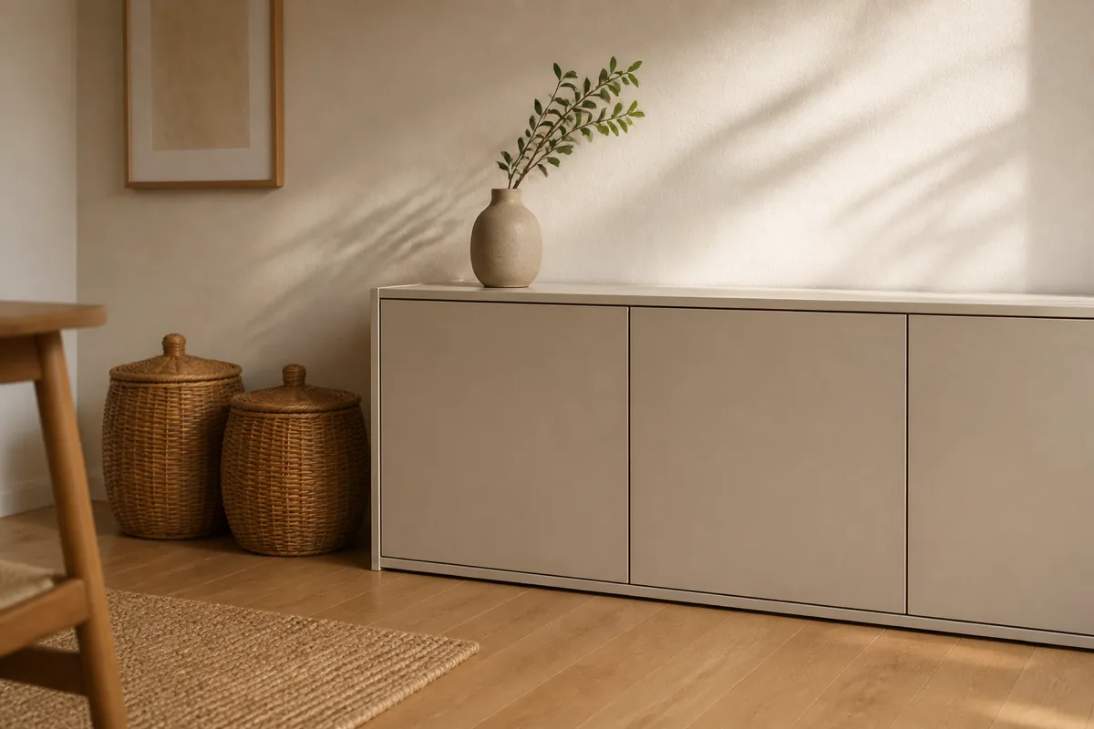 A low greige cabinet with plain closed doors and two lidded woven rattan baskets concealing the everyday, its top holding just one ceramic and a small plant